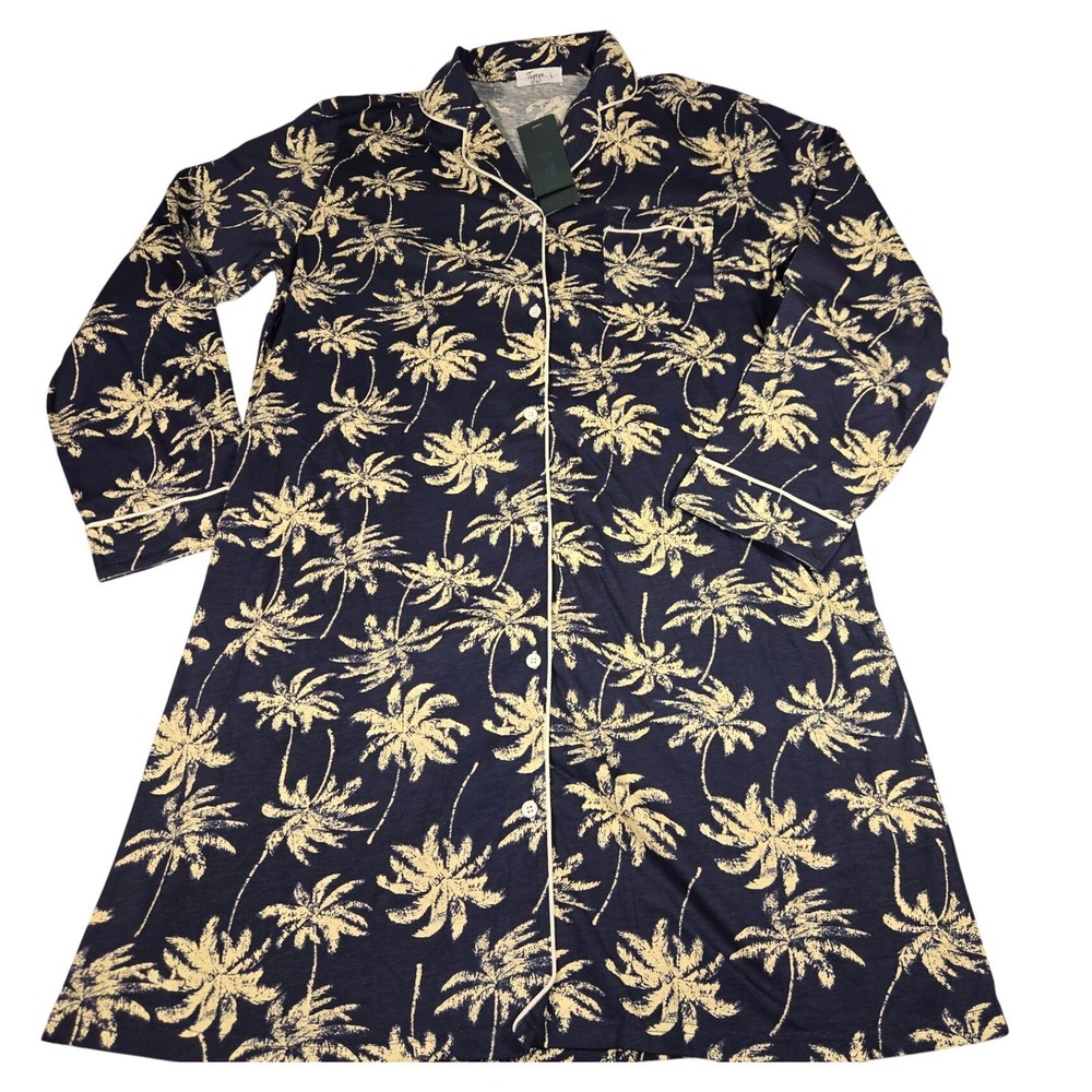 Tugege Womens Navy Blue Palm Tree Print Cotton Modal Button Up Nightgown Large